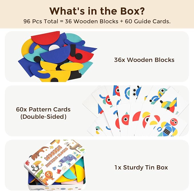 LovesTown Wooden Pattern Blocks Montessori Toys for Toddler Kids Open Ended Shape Puzzles Educational Tangram Preschool Learning Toy with 60 Cards 36 PCS (Pack of 2)