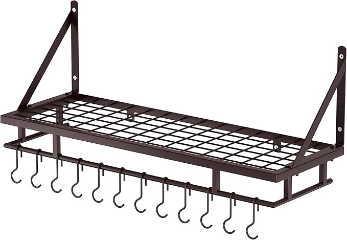 KES 30-Inch Oiled Bronze Pot Rack, Wall Mounted Hanging Pot and Pan Organizer with 12 Sturdy Hooks, Kitchen Wall Hanger Shelves Farmhouse Style, KUR215S75A-OB