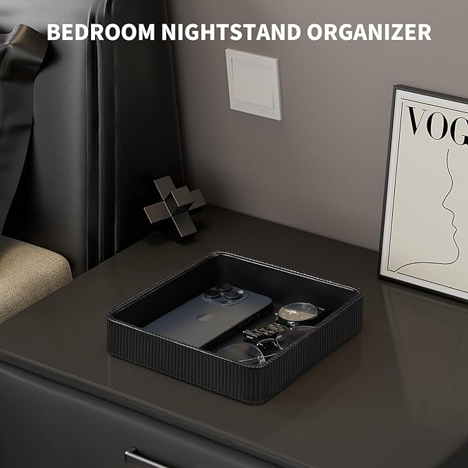 PU Leather Valet Tray Organizer, Small Nightstand Organizer Bedside Desktop Storage for Womens and Men, Perfume Trinket Catchall Vanity Tray for Key Watch Wallet (Black, Square)