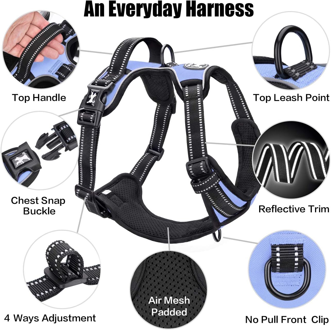 PoyPet No Pull Dog Harness, Reflective Comfortable Vest Harness with Front & Back 2 Leash Attachments and Easy Control Handle Adjustable Soft Padded Pet Vest for Small to Large Dogs (Light Blue,L)