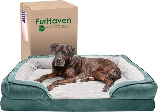 Furhaven Orthopedic Dog Bed for Large Dogs w/ Removable Bolsters & Washable Cover, For Dogs Up to 125 lbs - Plush & Velvet Waves Perfect Comfort Sofa - Celadon Green, Jumbo Plus/XXL