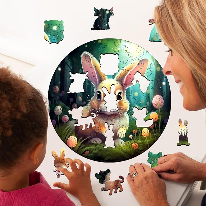 Wooden Puzzles for Kids Ages 4-8, Cute Bunny Puzzle, Unique Animal Shaped Wooden Jigsaw Puzzles for Kid, 50 Pieces Puzzles for Kids(50pcs,11.4 * 11.4in)