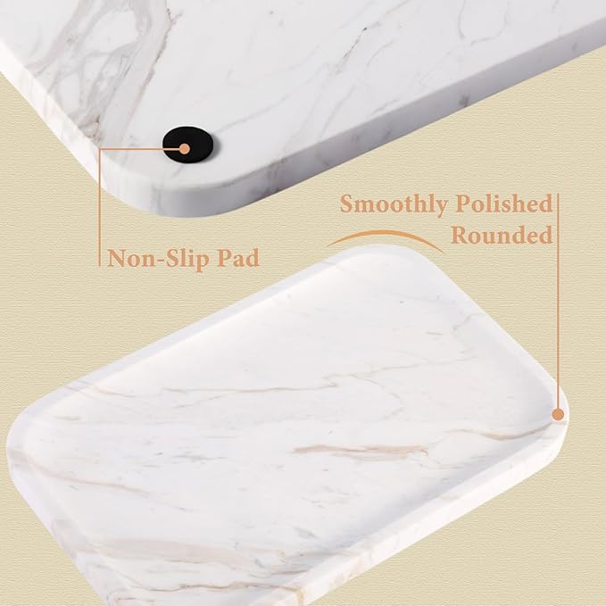 Marble Vanity Tray, Marble Bathroom Tray Countertop, Decorative Trays for Dresser Organizer, White Stone Storage Serving Trays for Kitchen, Perfume, Jewelry Cathall Holder
