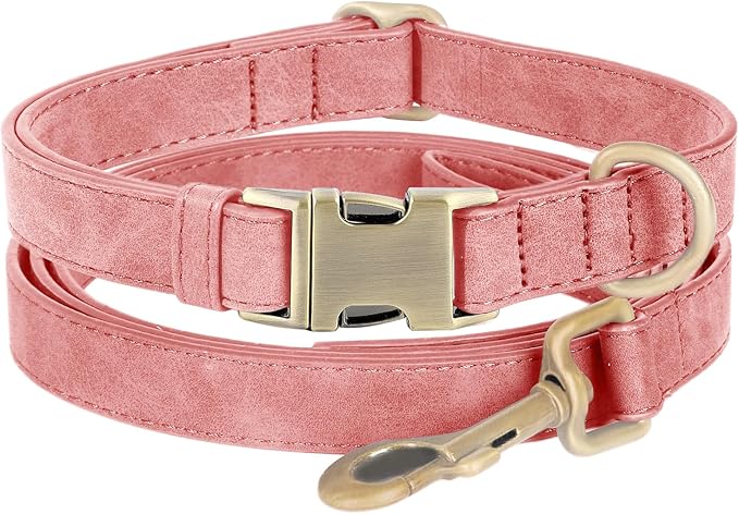 Genuine Leather Dog Collar - Adjustable Pet Collar with Quick Release Metal Buckle, Soft Skin Friendly Real Leather Collar for Small, Medium, Large Dogs (Pink Collar + Rope, M：Fit 12-20" Neck)
