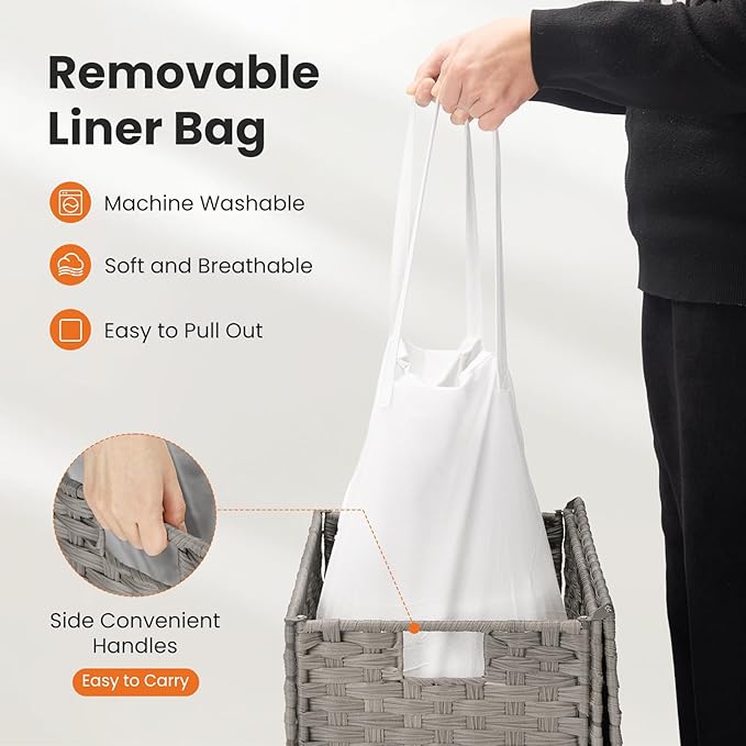 110L Laundry Hamper with Lid, Hand-Woven Pp Rattan Laundry Basket with Compartments & Handles, Removable Liner Bags,Foldable, Narrow Dirty Clothes Basket, Grey