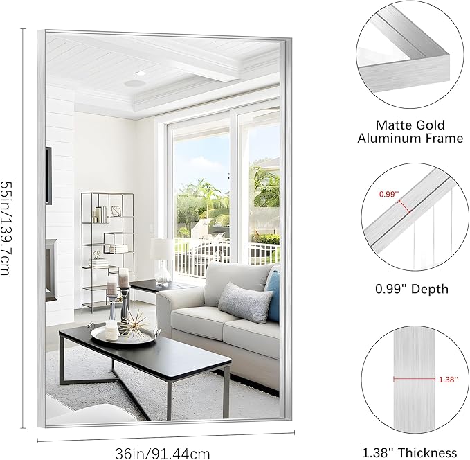 Silver Bathroom Mirror, 36x55 Inch Rectangular Deep Frame Mirror, Large Wall Mounted Bathroom Vanity Mirror Over Sink for Bedroom,Restroom, Living Room, Hangs Vertically or Horizontally