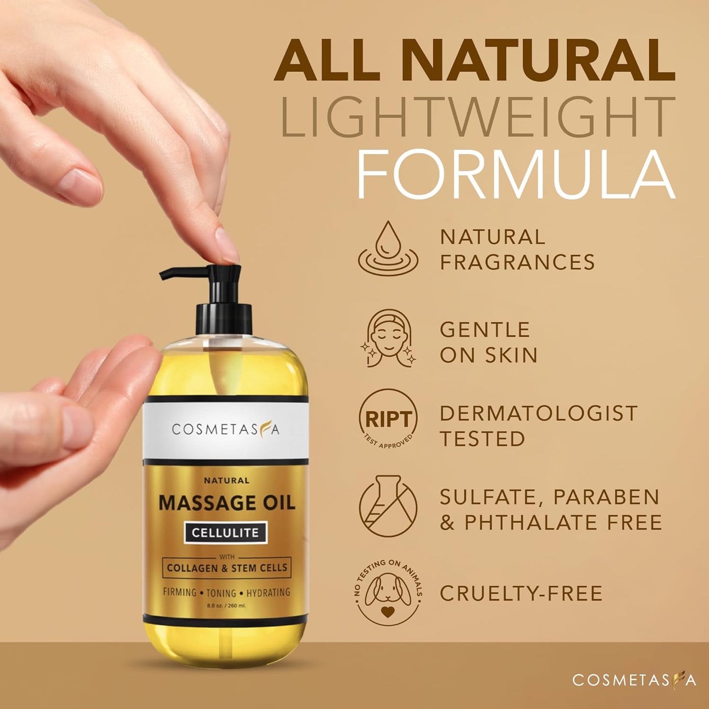 Large Cellulite Massage Oil with Collagen & Stem Cells- 100% Natural Cellulite Oil, Highly Absorbable, Deeply Penetrates The Skin- Firms, Tones, Tightens & Moisturizes Skin by Cosmetasa (16.9 oz)