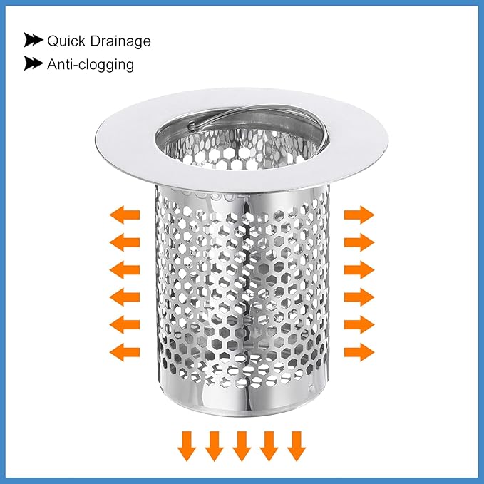 uxcell 3 Pack Shower Drain Strainer, 2" x 2.2" Stainless Steel Floor Drain Strainer Deep Sink Hair Catcher for Kitchen Bathroom Balcony Floor Drain, Fit Hole Size from 1.38" to 2.17"