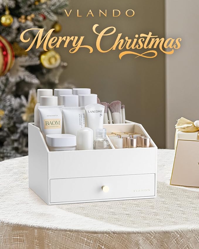 Vlando Makeup Organzier,Vanity Organizer with Drawers, PU Leather Skincare Organizer Perfume Organizer,Large Cosmetic Display Case for Lipstick,Brushes Gifts for Women-White