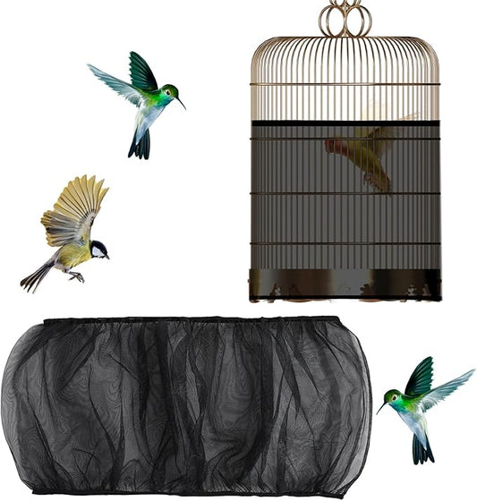 Bird Cage Seed Catcher, Bird Cage Net, Large Stretchy Form Fitting Mesh Skirt Cover, Adjustable Soft Airy Nylon Mesh Net, Birdcage Cover Skirt Seed Guard for Parrot Parakeet Macaw (Black)