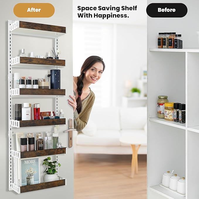 Over-The-Door Organizer – 6-Tier Wooden Pantry Storage Shelf with 12 Hooks, Wall-Mount or Hanging Spice Rack for Kitchen, Bathroom, or Closet