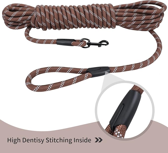 Long Dog Leash for Training 30Ft-Reflective Nylon Rope with Swivel Hook-Recall Agility Lead for Large Small Medium Dogs Outside Walking Hiking-Brown Diam 1/2"