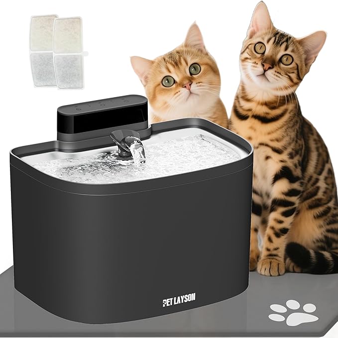 PET LAYSON Pumpless Cat Water Fountain, Smart Cordless Fountains Battery Operated, 3.6L/122oz with Maglev Valve Technology Rechargeable Water Dispenser for Cat &Dog, 2 Filters,2 Nozzles(Black, M1)