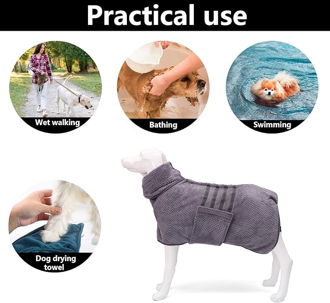 Geyecete Pineapple Grid Fast Drying Super Absorbent Dog Cat Bath Robe Towel - Gray - XXL
