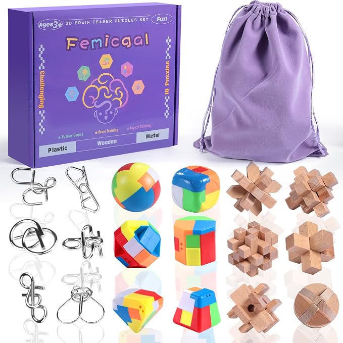 Brain Teaser Puzzles for Adults and Kids, 18Pcs Puzzle Games Set, 3D Wooden Plastic Metal Puzzle, Unlock Interlock Mind Brain Games, IQ Test Educational Toy