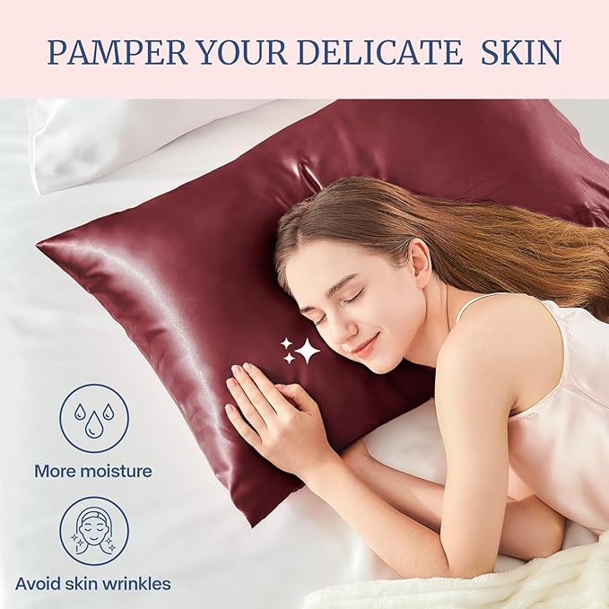 BEDELITE Satin Pillowcase for Hair and Skin, Super Soft and Cooling Similar to Silk Pillow Cases 2 Pack with Envelope Closure, Gift for Women Men(20"x26" Standard Size, Burgundy)