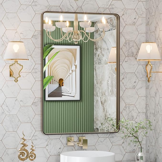 LOAAO 24”X36” Bronze Bathroom Mirrors for Vanity, Rounded Rectangle Brushed Bronze Metal Frame Mirror, Anti-Rust, Hangs Horizontally or Vertically