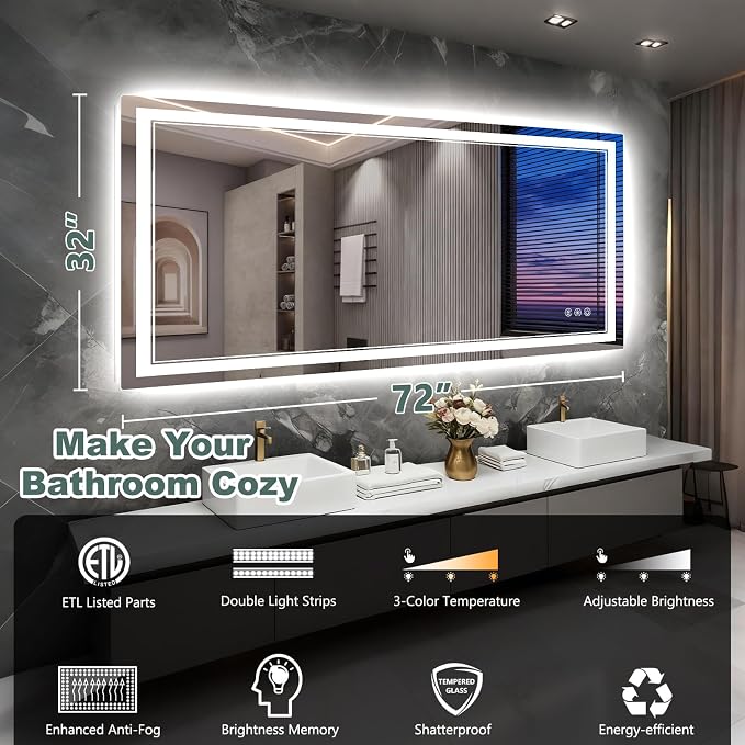 72x32 Inch LED Bathroom Mirror