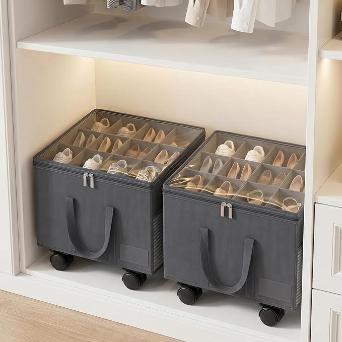 2 Pack Large Shoe Organizer for Closet, Adjustable Dividers Shoe Storage Box Bins with Wheels Clear Cover Reinforced Handle Side Pocket Fits up to 32 Pairs, Foldable Shoe Organizer for Entryway Grey