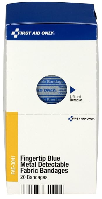 First Aid Only FAE-3041 SmartCompliance Refill Blue Metal Detectable Fingertip Bandages, First Aid Kit Refill Supplies for Business, Food Service, Restaurants, Worksites, and Home, 20 Count