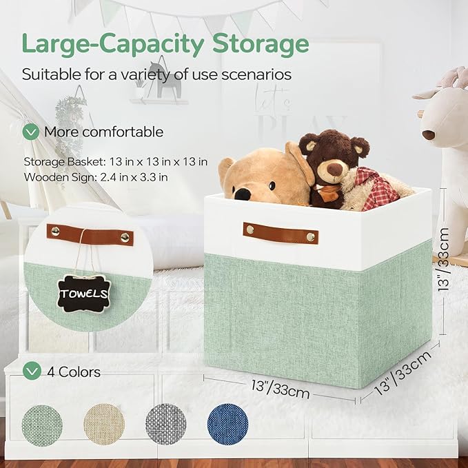 13x13 Storage Cubes 6-Pack, Large Foldable Fabric Cube Storage Bin with Reinforced Bottom and Labels, Organizer Baskets for Shelves, Closets(White/Green)