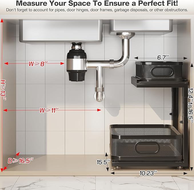 2 Pack Under Sink Organizer With Next-Gen Ball-Bearing Slides,2-Tier Precision Mesh Pull Out Cabinet Shelf Storage for Bathroom&Kitchen,Slide Out Drawers Height Adjustable,Rust-resistant
