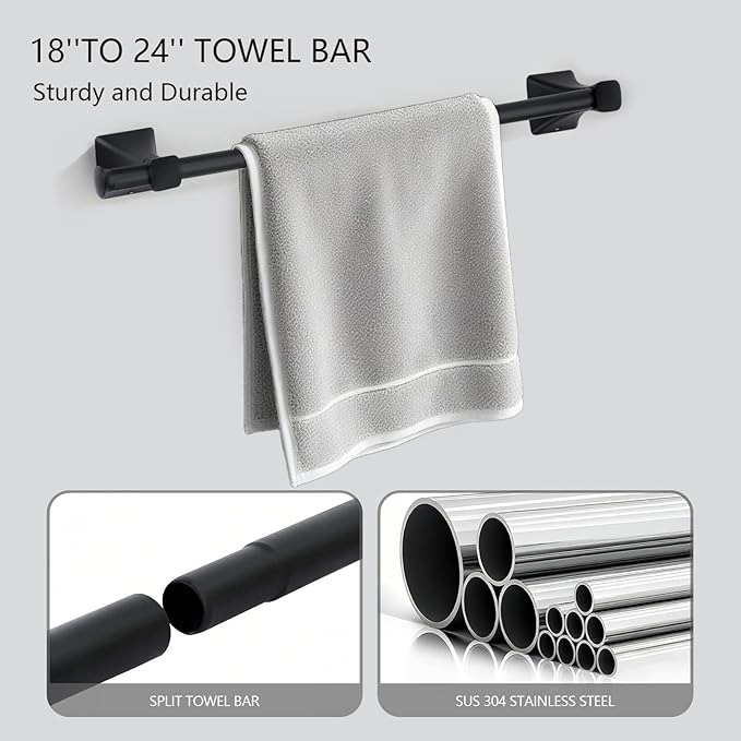 Matte Black Bathroom Hardware Set 5-Pieces, SUS304 Stainless Steel Bath Towel Bar Set Wall Mounted, Including Hand Towel Bar,Towel Ring, Toilet Paper Holder, 2Pcs Robe Towel Hook
