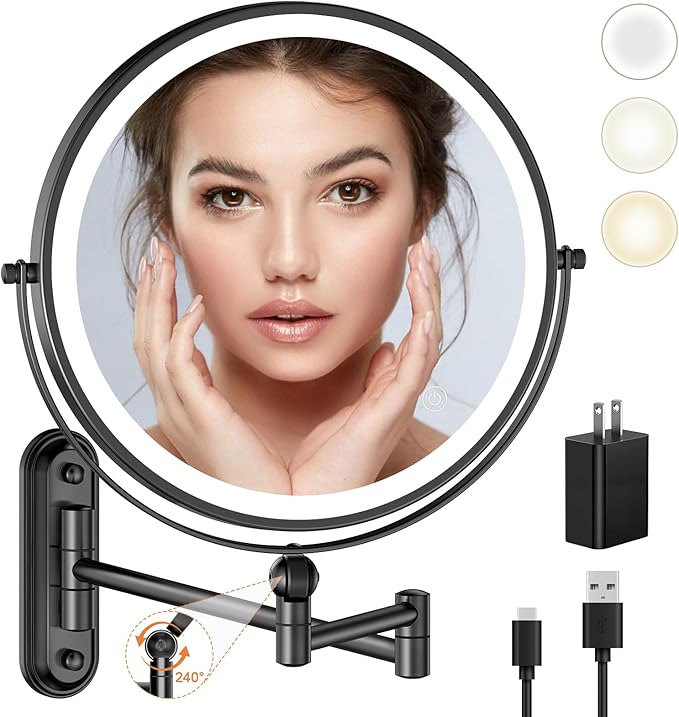 9" Wall Mounted Makeup Lighted Mirror, 4000mAh Rechargeable Double Sided LED Vanity Mirror with Height Adjustable&1X/10X Magnification, 3 Color Lights Touch Screen Dimmable 360°Swivel Bathroom Mirror