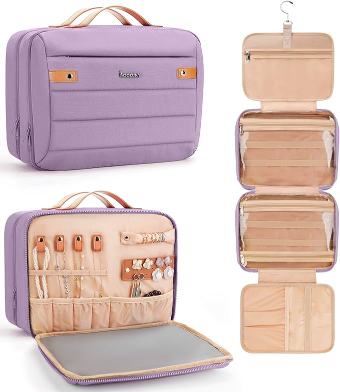 Women's Hanging Toiletry Bag, Waterproof Travel Cosmetic Organizer with Jewelry Storage, Large Capacity Makeup Case for Full-Size Skincare & Bathroom Essentials, Portable Cosmetic kit, Purple