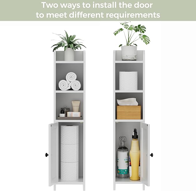 Homhedy Small Bathroom Storage Corner Floor Cabinet with Door and Shelves, Beside The Toilet Paper Stand for Skinny, Narrow Toilet Paper Cabinet, 7.9" D x 7.1" W x 31" H, White