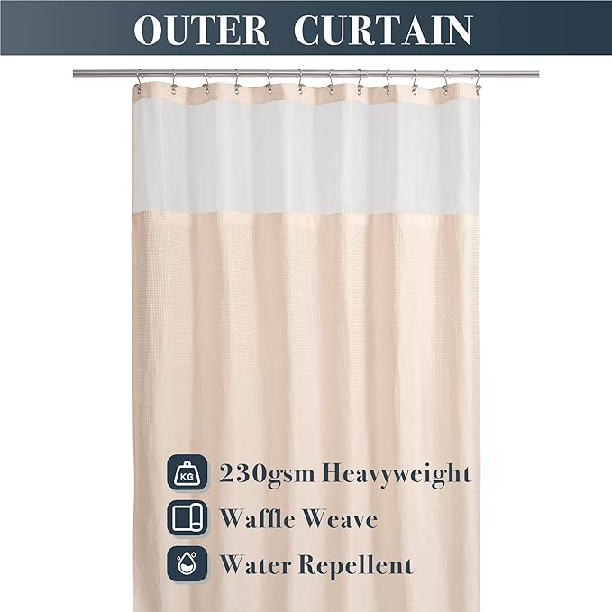N&Y HOME Waffle Weave Pink Shower Curtain with Snap-in Fabric Liner & 12 Metal Hooks Set - Hotel Style, Waterproof & Washable, Heavyweight Fabric & Mesh Top Window - 71x72, Rosewater Pink
