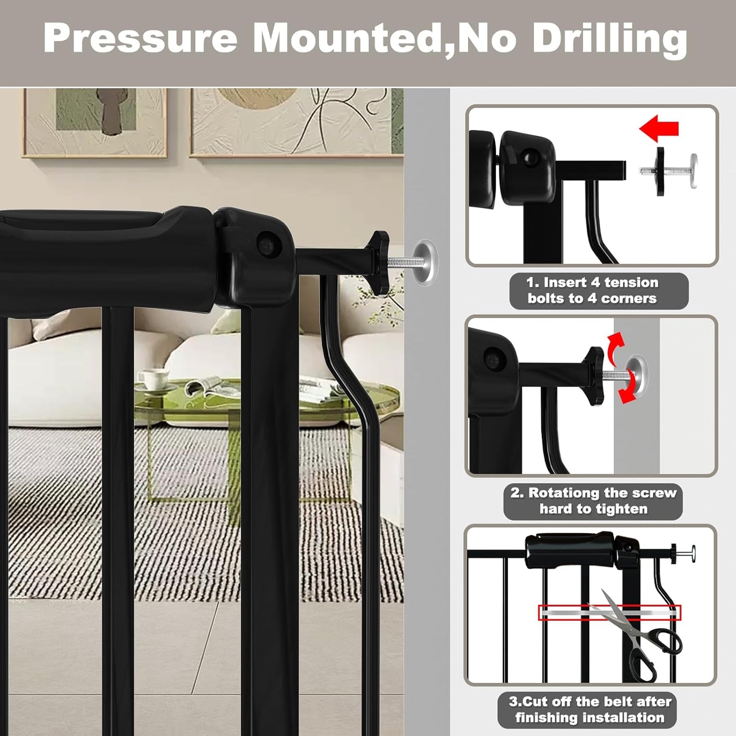 Fairy Baby Extra Wide Baby Gate Black 53-57.5 Inch Wide, Walk Through Pressure Mounted No Drill, Long and Large Tension Gate for Pet and Kids