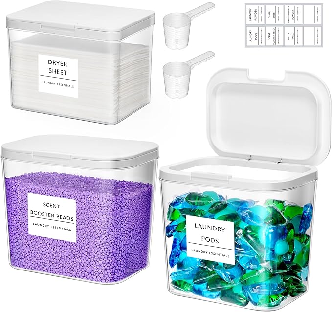 Lifewit Laundry Pods Container with Pop-up Lid, Detergent Dispenser, Dryer Sheet Holder, Laundry Room Organization Storage Jars for Washing Powder, Soap, Scent Booster Beads,0.5+0.72gal, 3 Pcs