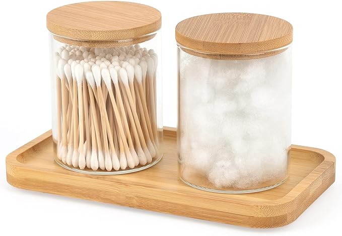 Bamboo Vanity Tray, Bathroom Tray Organizer Glass Qtip Holder Dispenser Apothecary Jars for Cotton Swabs Balls, Round Pad, Perfume Candles, Cosmetics and Jewelry Storage Organizer