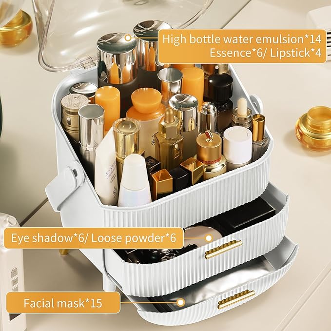 CANITORON Makeup Organizer,Skincare Organizer with 2 Drawers and Brush Storage Box,Lipstick Holder,Cosmetic Display Case for Vanity Organizer and Bathroom Countertop Storage.(White)