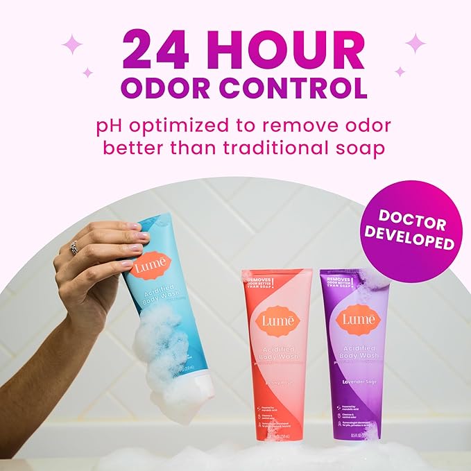 Lume Acidified Body Wash - 24 Hour Odor Control - Removes Odor Better than Soap - Formulated Without SLS or Parabens - OB/GYN Developed - 8.5 ounce (Pack of 2) (Clean Tangerine & Lavender Sage)