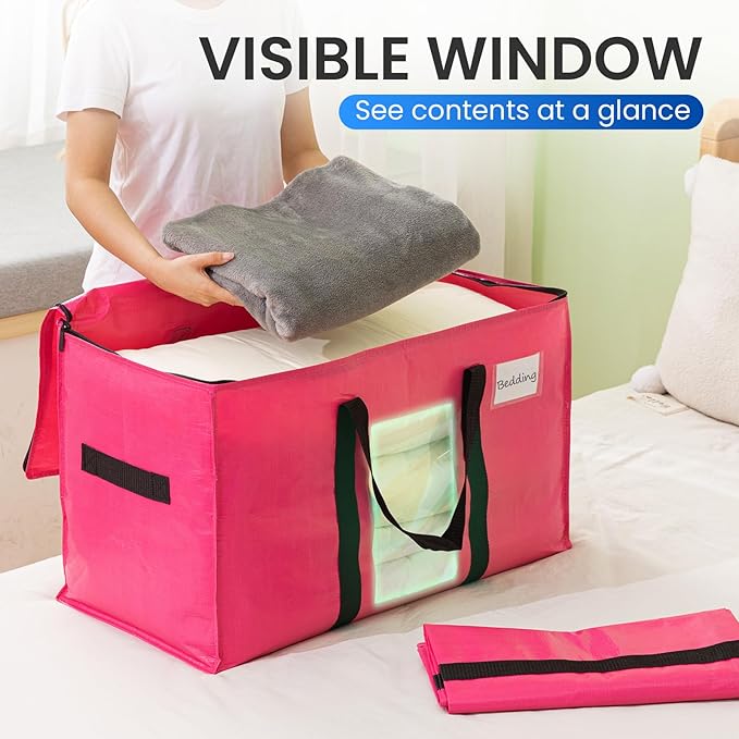 TAILI 8 Pack Pink Extra Large Moving Bags, Heavy Duty Totes with Visible Window, Wrap Around Handles, Space-Saving Storage, Alternative to Moving Boxes