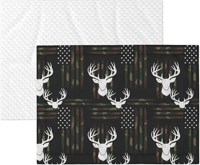 Double Sided Pet Throw for Dogs Who Shed, Deer Camo Camouflage American Flag Hunting Black, Reversible Blanket with Nubby Dot Side Catches Loose Fur for Easier Furniture Cleanup