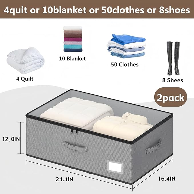 Under Bed Storage with Wheels, No Assemble Required 12 inches height Under Bed Storage bins,Large capacity Rolling Underbed Shoe Storage containers，dorm underbed storage drawers