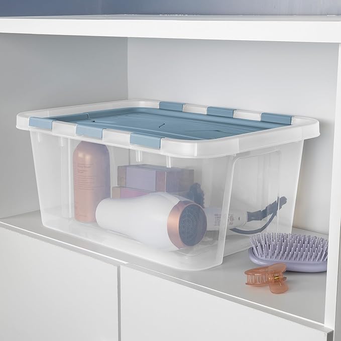 Sterilite 18 Pack Hinged Lid Storage Box, 20 Qt Plastic Container, Washed Blue - Home Organizer Tote for Storing Shoes, Crafts, Clothing, or Decor