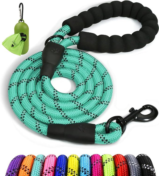 Taglory Rope Dog Leash 4 FT with Comfortable Padded Handle, Highly Reflective Threads Leash and Anti-Tangle Clip for Walking Medium Large Dogs, 1/2 inch, Turquoise