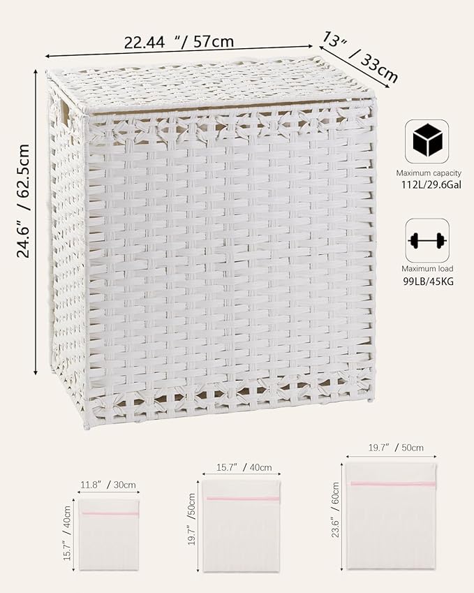 Laundry Hamper with Lid Wicker Laundry Basket 112 L (29.6 Gal) Laundry Hampers Handwoven Rattan Clothes Hamper with Handles 3 Removable Liner Bag, 6 Mesh Bags for Bathroom Bedroom White