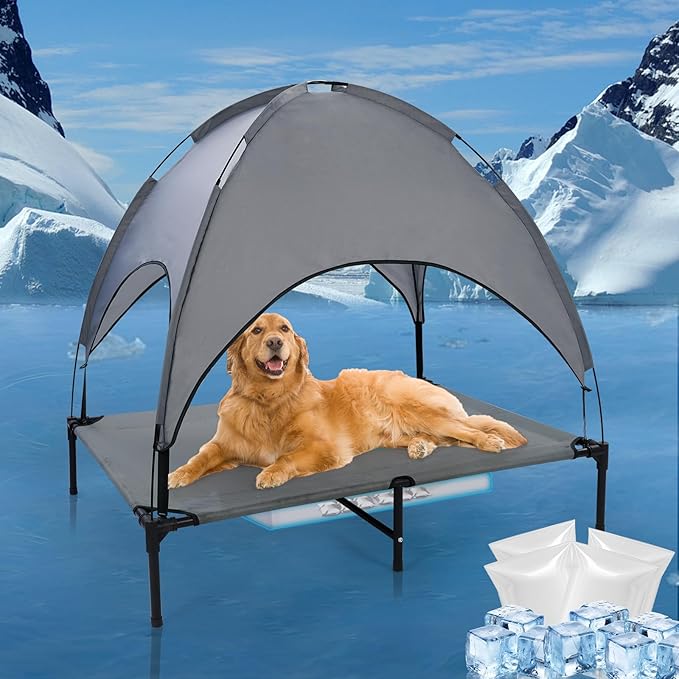 48'' Outdoor Elevated Dog Bed with Canopy, Raised Dogs Bed with Six Support Feet, Breathable Cooling Dog Cot Beds Medium Large Size Dogs, Outdoor Pet Hammock Beds, Pet Beds with 4 Ice Pack(X-Large)