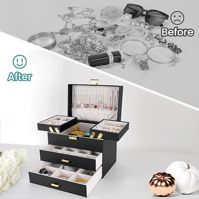 Dajasan Jewelry Boxes for Women Girls, Jewelry Holder Organizer Box, 4 Layers Large Jewelry Storage Organizer for Earring, Ring, Necklace, Bracelets (Black)