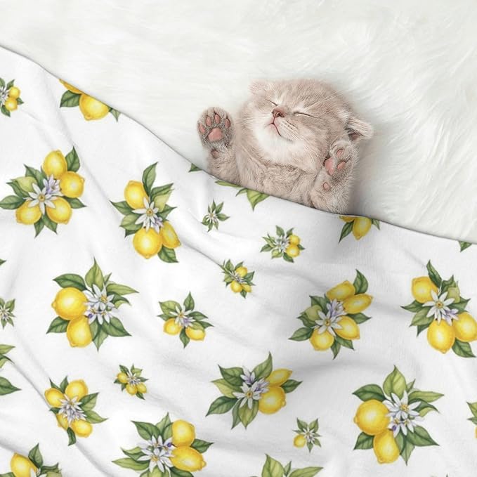 Dog and Cat Blanket in One, Yellow Lemons Trees With Green Leaves And White Flower Summer Plant, Double Sided Plush Throw with Raised Dot Pattern on One Side and Flat Velvet on Other for Variety
