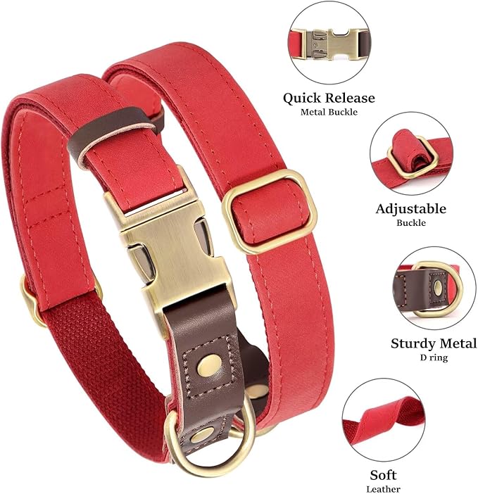 Didog Soft PU Leather Dog Collars for Medium Dogs,Classic Adjustable Dog Collars with Quick Release Metal Buckle,Easy Clean and Comfortable with Nylon Lining,Red,M Neck 14-19"