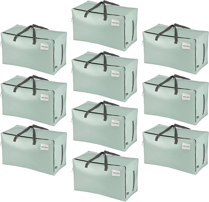 VENO 10 Pack Moving Bags and Large Christmas Decoration Storage Bins with lids. Alternative to Moving Boxes, Packing Supplies for College. Heavy Duty Totes (Shiny Light Green, 10 Pack)