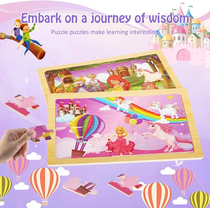 Wooden Puzzles Toys for Kids Ages 3-5, Set of 4 Packs with 20-Piece Unicorn Mermaid Princess Wood Jigsaw Puzzles, Preschool Educational Brain Teaser Toys for Girls 3 4 5 6 Years Old.