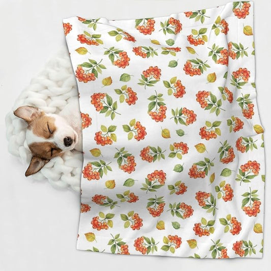 Reversible Plush Dot Pet Blanket for Dogs and Cats, Flower Berries Autumn Orange Art Pattern, Ultra Soft Two Sided Design with Warm Fuzzy Side and Smooth Side for Comfort