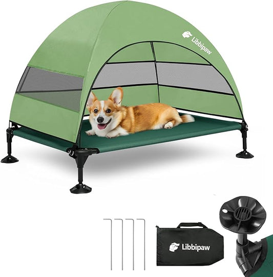 Windproof Elevated Dog Bed with Canopy & Stakes, 3-Sided 90% UV Block, Chew-Proof Teslin Mesh Mat for Large Dogs up to 150lbs(Green Large)